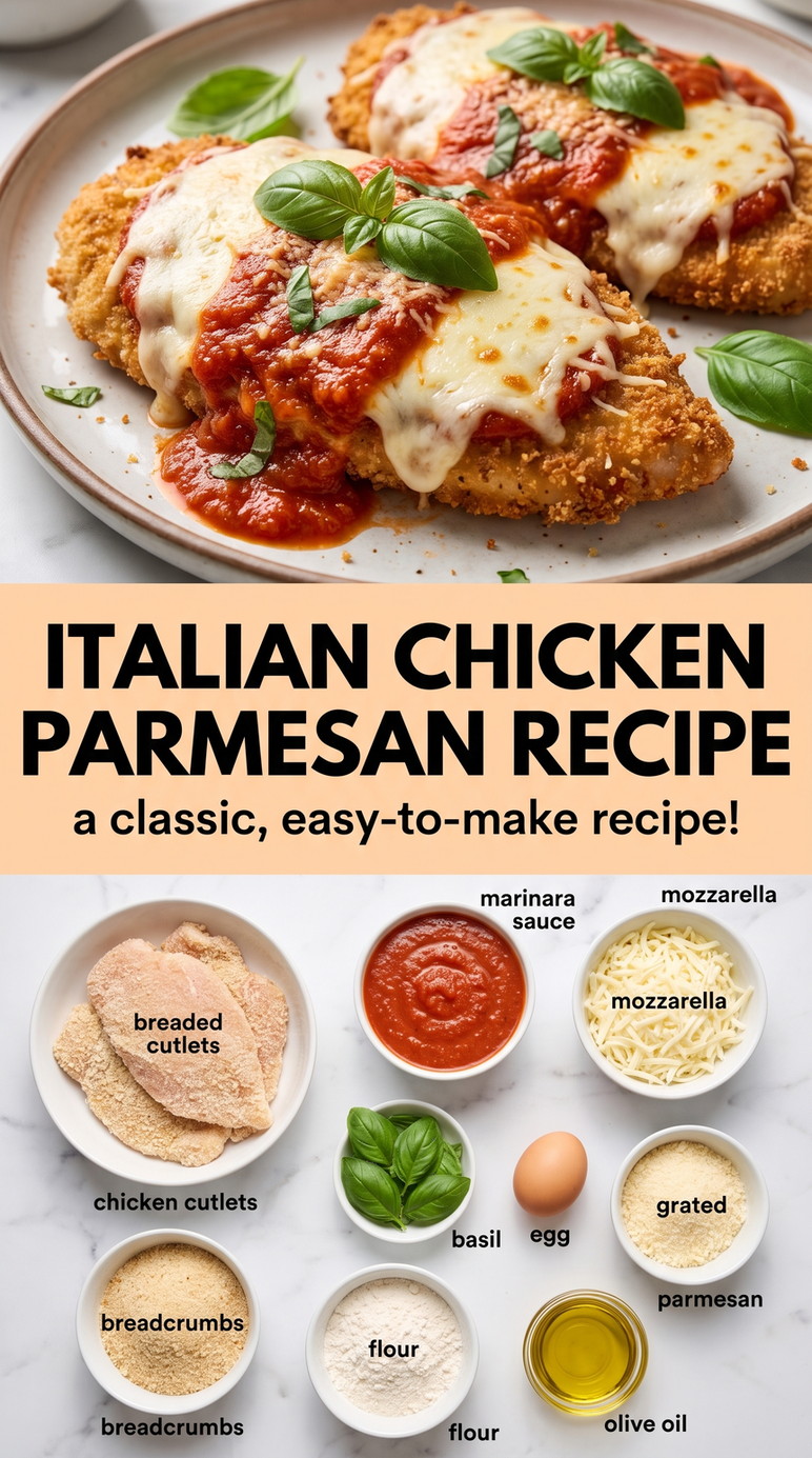 Italian chicken parmesan recipe showing golden breaded chicken topped with marinara, melted cheese, and herbs