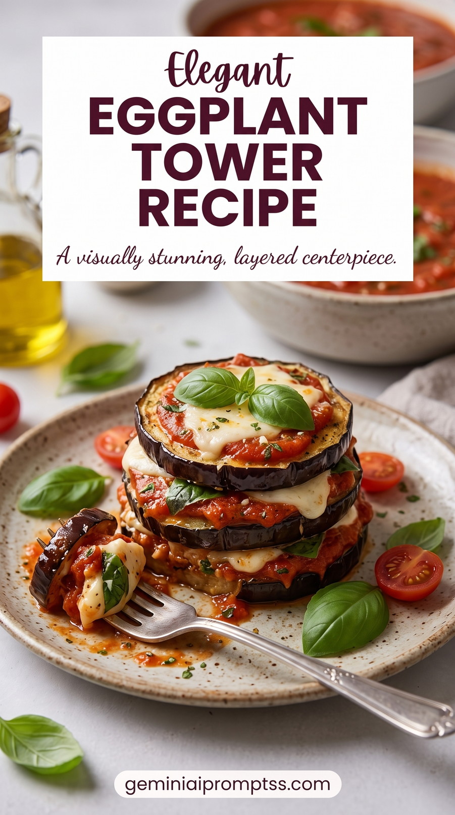 Eggplant Caprese Tower showing stacked eggplant and tomato with white cheese and basil in a tower