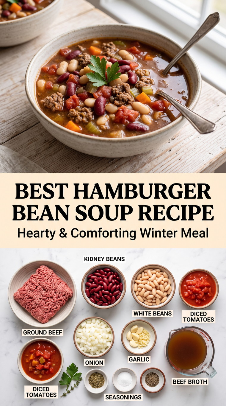 Hamburger Bean Soup with hamburger bean soup with beef, kidney beans, white beans, tomatoes, onion, garlic, and broth