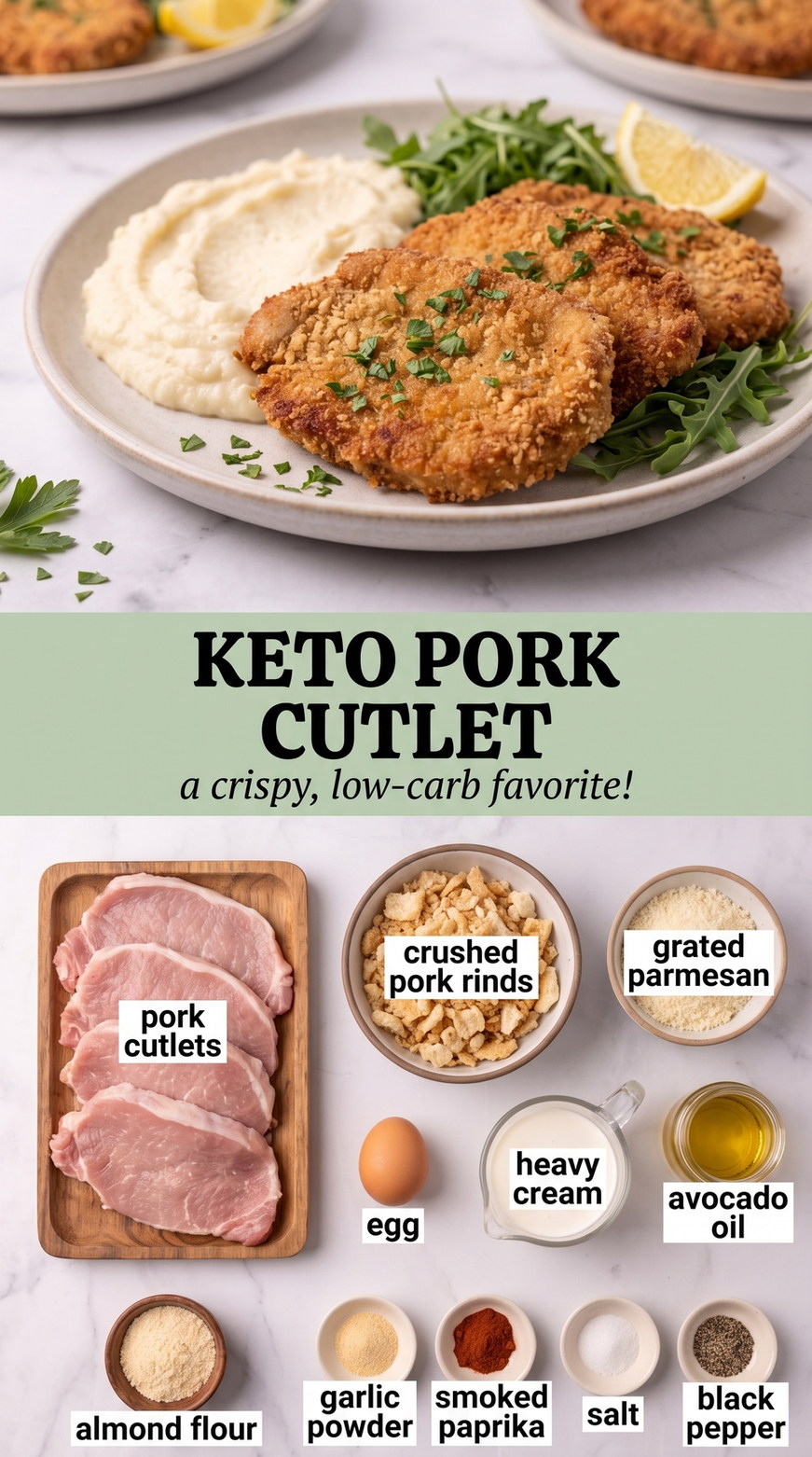 Keto Pork Cutlets with Pork-Rind Parmesan Crust prepared as a finished keto pork cutlet recipe recipe with browned cutlets ready to serve