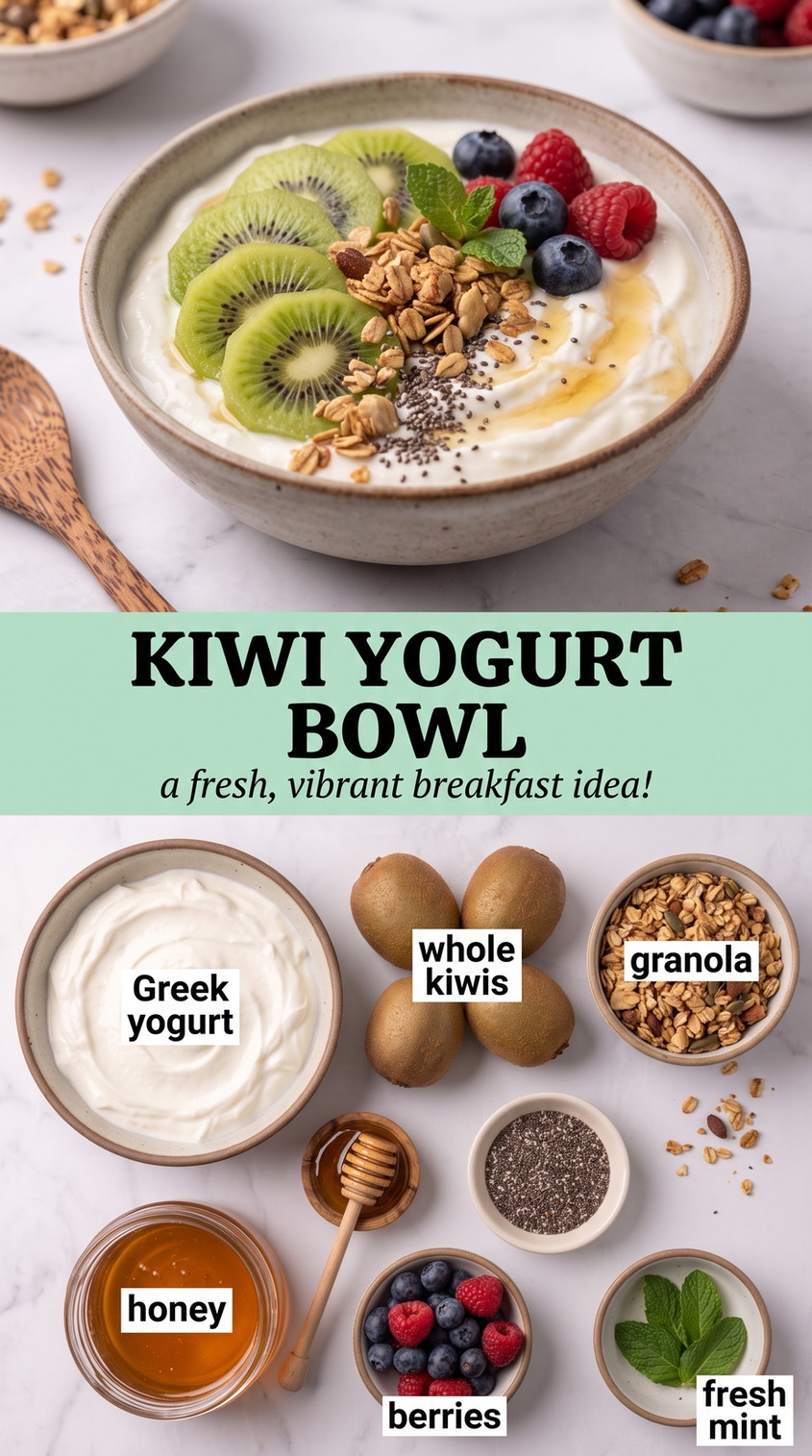 Kiwi Yogurt Bowl showing Greek yogurt with kiwi, berries, granola, honey, chia, and mint