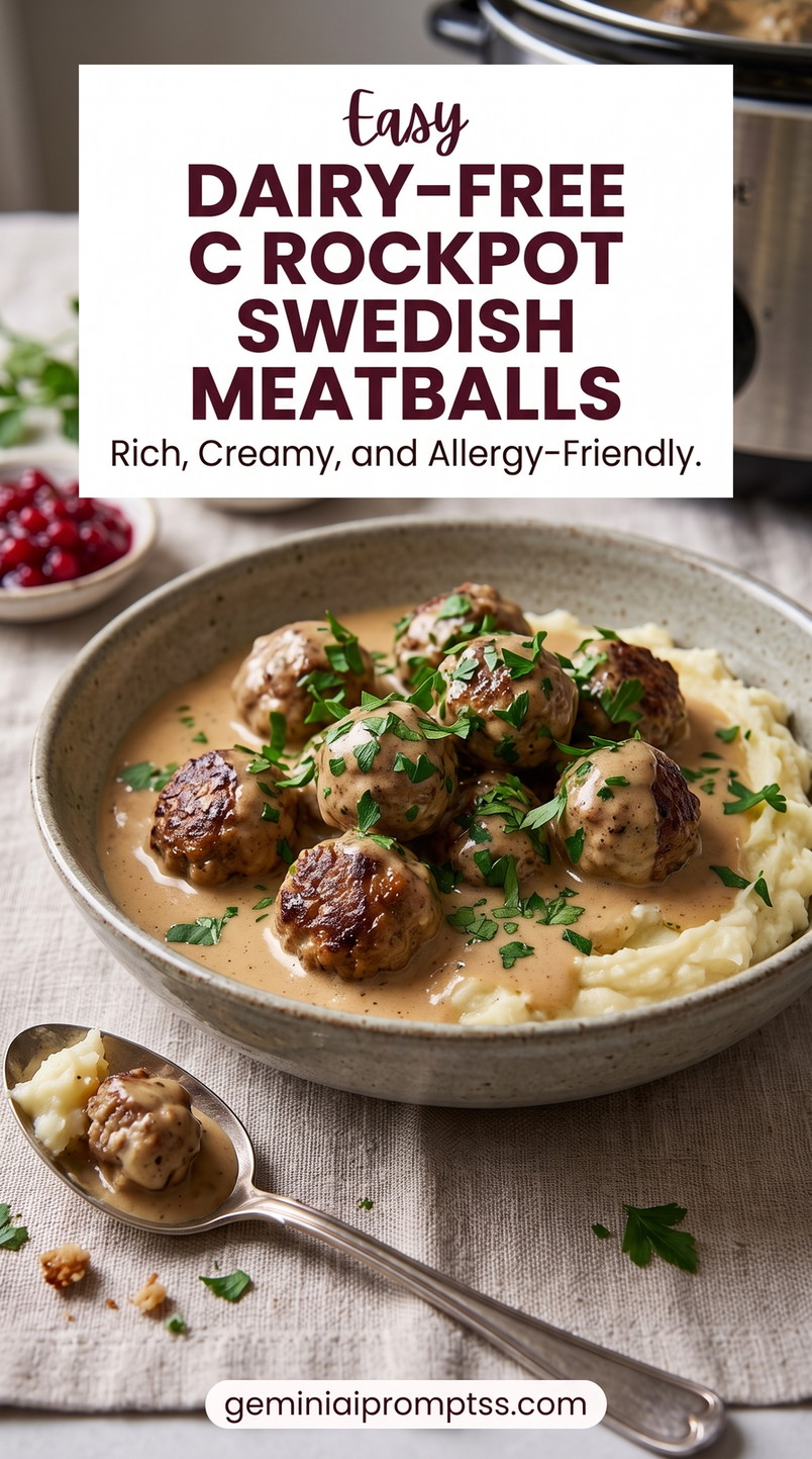 Dairy-free crockpot Swedish meatballs showing a dairy-free slow-cooker gravy that stays creamy without coconut flavor