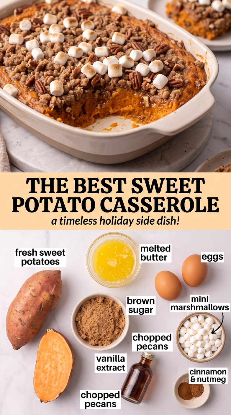 Sweet potato casserole recipe finished dish made with fresh sweet potatoes, melted butter, and eggs