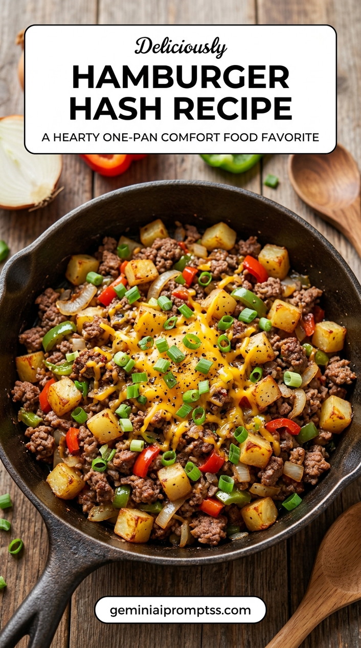 Hamburger Hash Recipe showing a hamburger potato hash with browned beef, crisp potatoes, red and green peppers, melted cheddar, and scallions