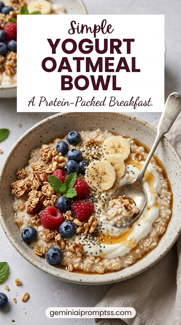 Yogurt Oatmeal Bowl showing creamy oatmeal and Greek yogurt with banana, berries, granola, chia, and mint