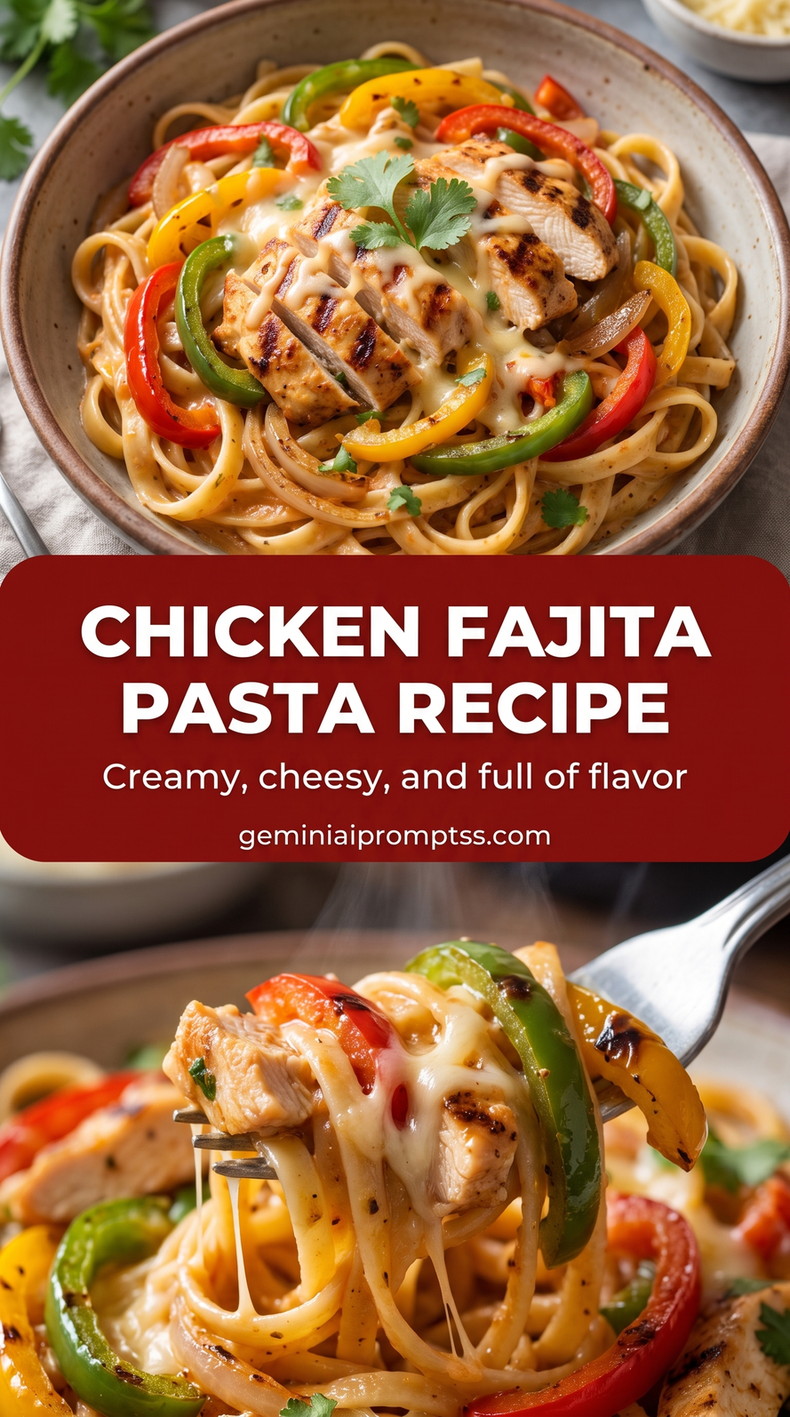 creamy chicken fajita pasta with tender chicken, pasta, creamy Parmesan sauce, and black pepper
