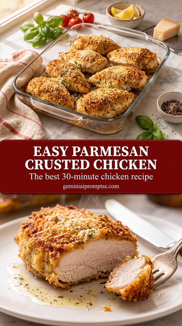 Easy Parmesan Crusted Chicken with golden Parmesan-crusted chicken with a crisp crumb surface and a tender white center