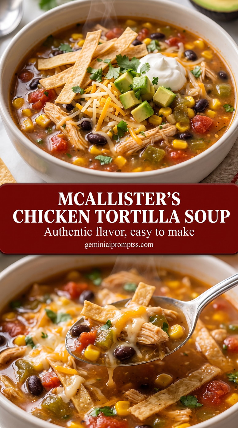 Mcallister's chicken tortilla soup showing a hearty chicken tortilla soup with colorful toppings and crisp strips