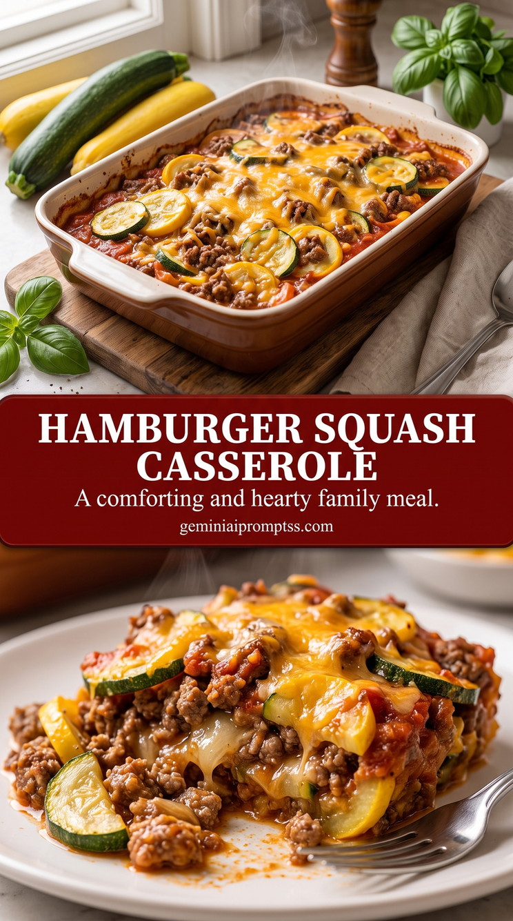 hamburger squash casserole with a hamburger casserole with zucchini, yellow squash, ground beef, tomatoes, melted cheddar, and basil