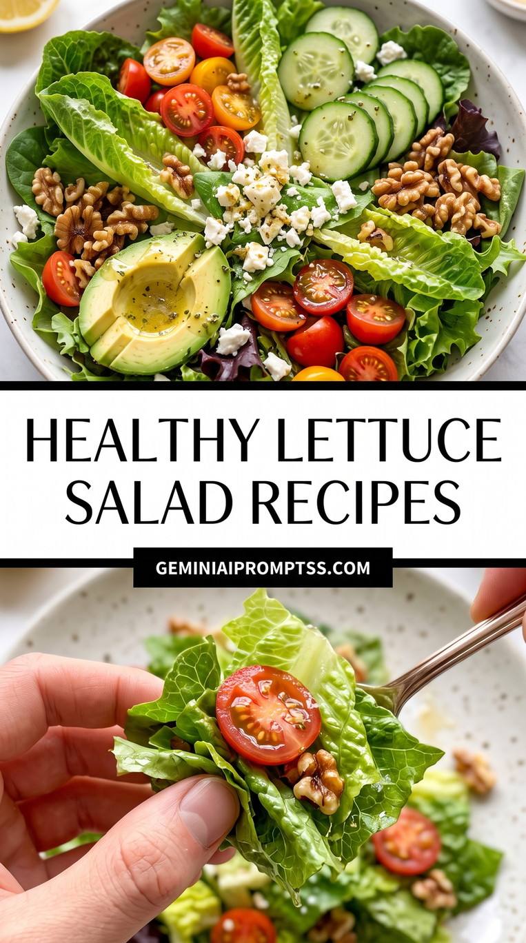 Healthy Lettuce Salad Recipes showing lettuce with avocado, cucumber, tomatoes, walnuts and crumbled white cheese