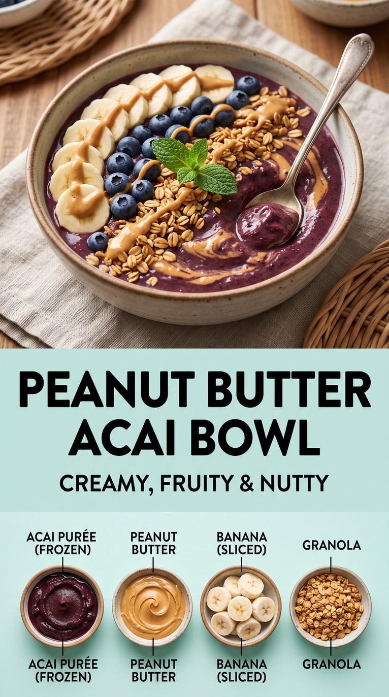 Peanut Butter Acai Bowl Recipe with peanut butter acai with banana, blueberries, granola, and a creamy peanut butter swirl