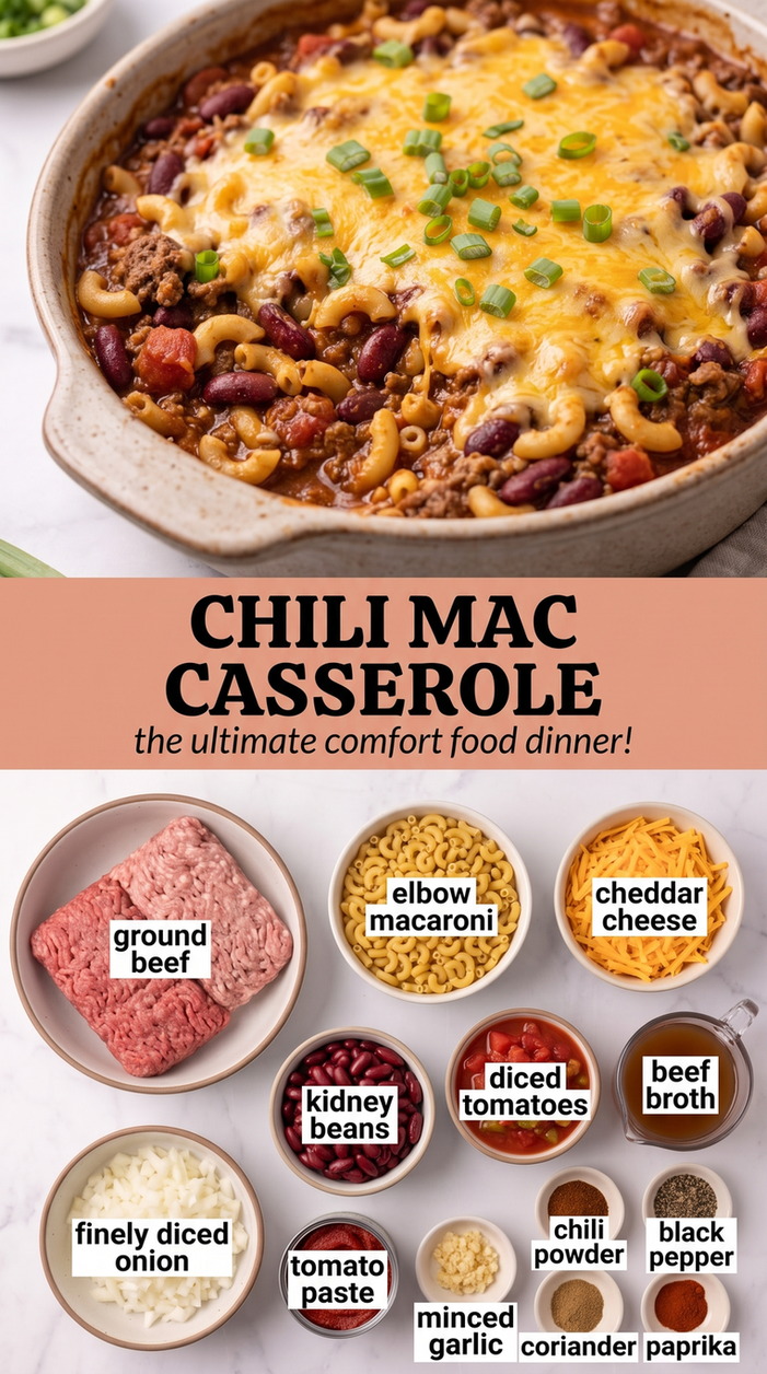 Chili Mac Casserole showing chili mac with beef, kidney beans, elbow macaroni, tomatoes, cheddar, and scallions