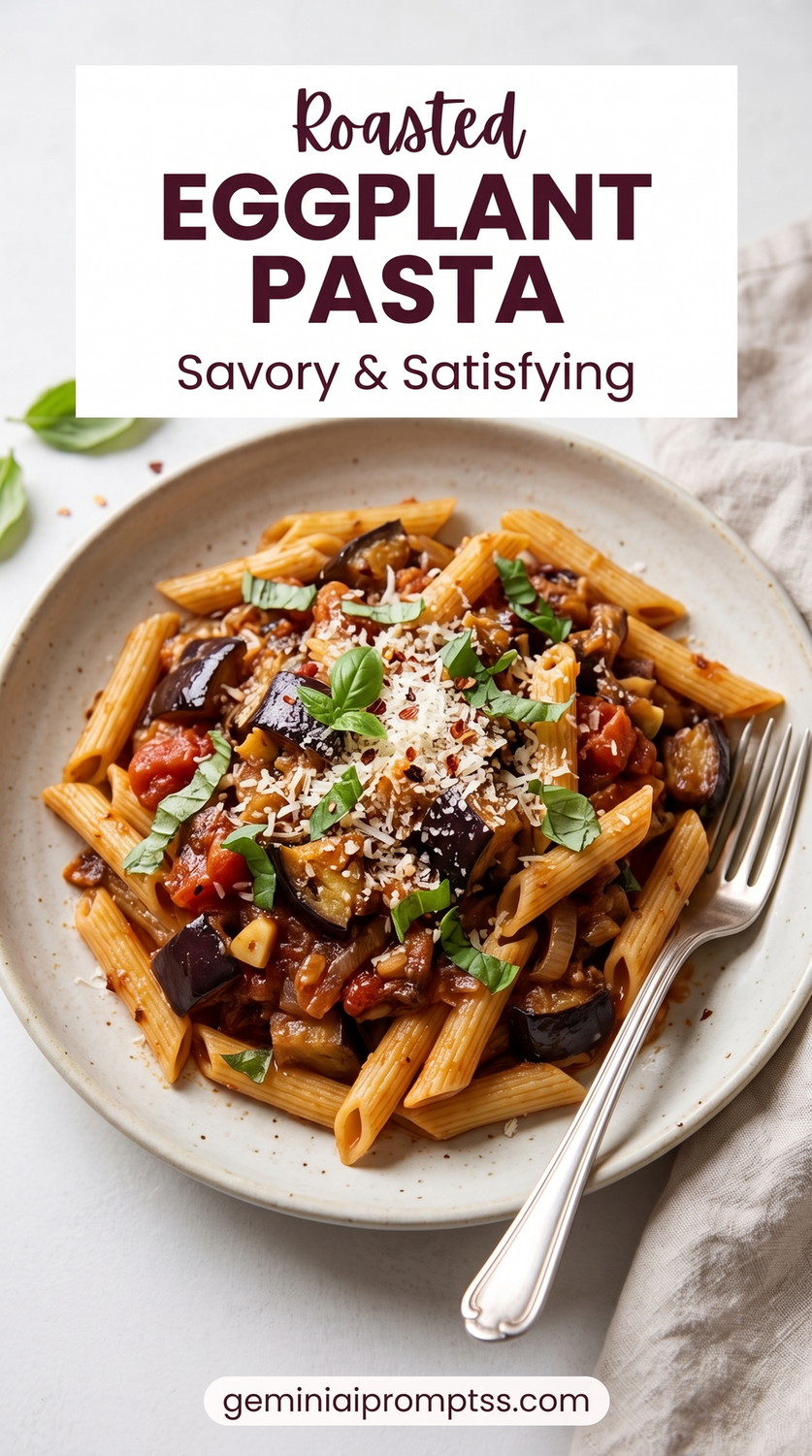Roasted Eggplant Pasta alla Norma showing penne pasta with roasted eggplant, tomato sauce, grated cheese, and parsley