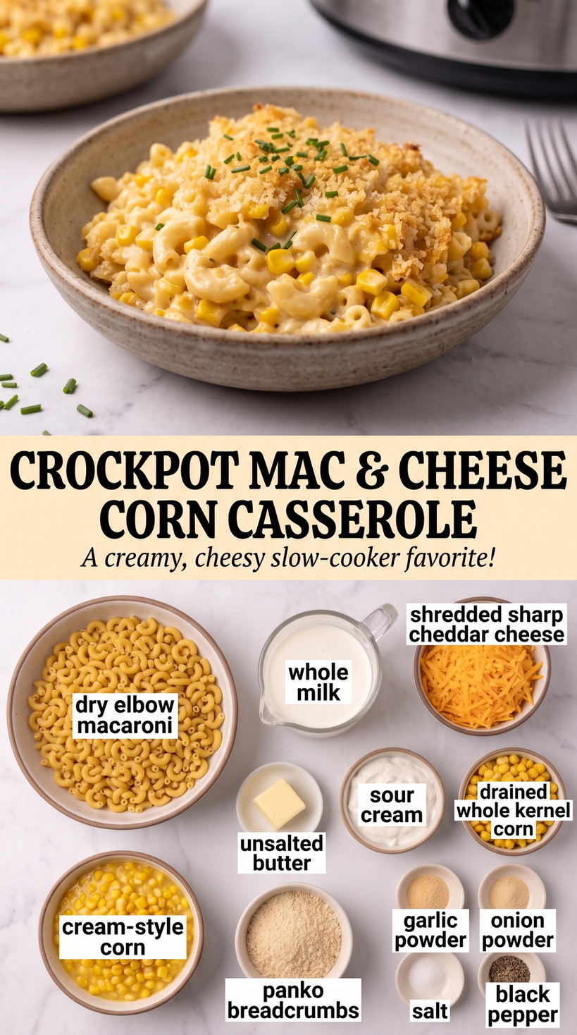 Crockpot Mac and Cheese Corn Casserole with slow-cooker macaroni and cheese with whole corn, cream-style corn, cheddar, sour cream, and panko