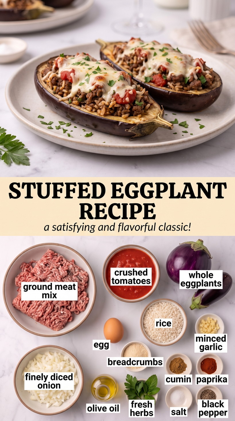 Stuffed Eggplant Recipe showing eggplant halves stuffed with ground meat, rice, tomatoes and herbs under a light cheese topping