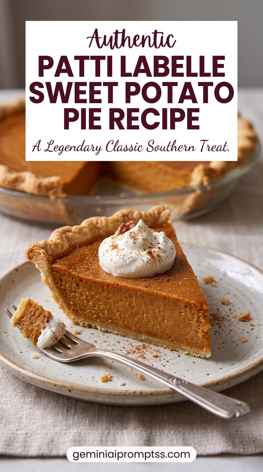 Patti LaBelle sweet potato pie recipe showing a copycat-inspired Southern pie with a smooth deep-orange custard and whipped cream finish