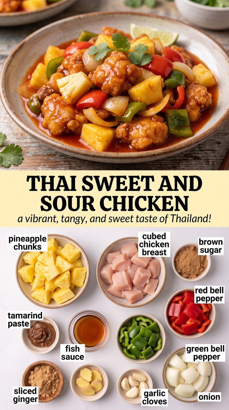 Thai sweet and sour chicken finished dish made with pineapple chunks, cubed chicken breast, and brown sugar