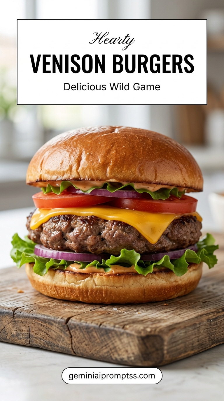 Deer Hamburger Meat Recipes showing a thick venison cheeseburger on a brioche bun with cheddar, lettuce, tomato, and red onion