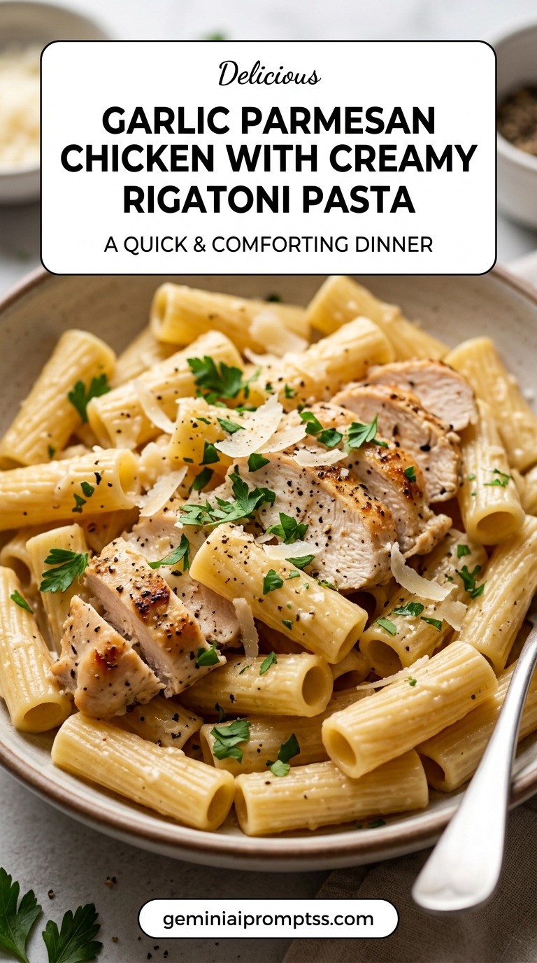 Garlic Parmesan Chicken with Creamy Rigatoni Pasta finished recipe