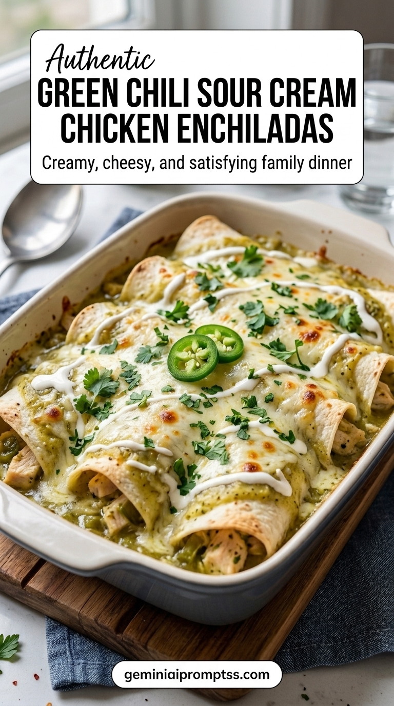 Green Chili Sour Cream Chicken Enchiladas finished recipe with sour cream for a mild creamy sauce