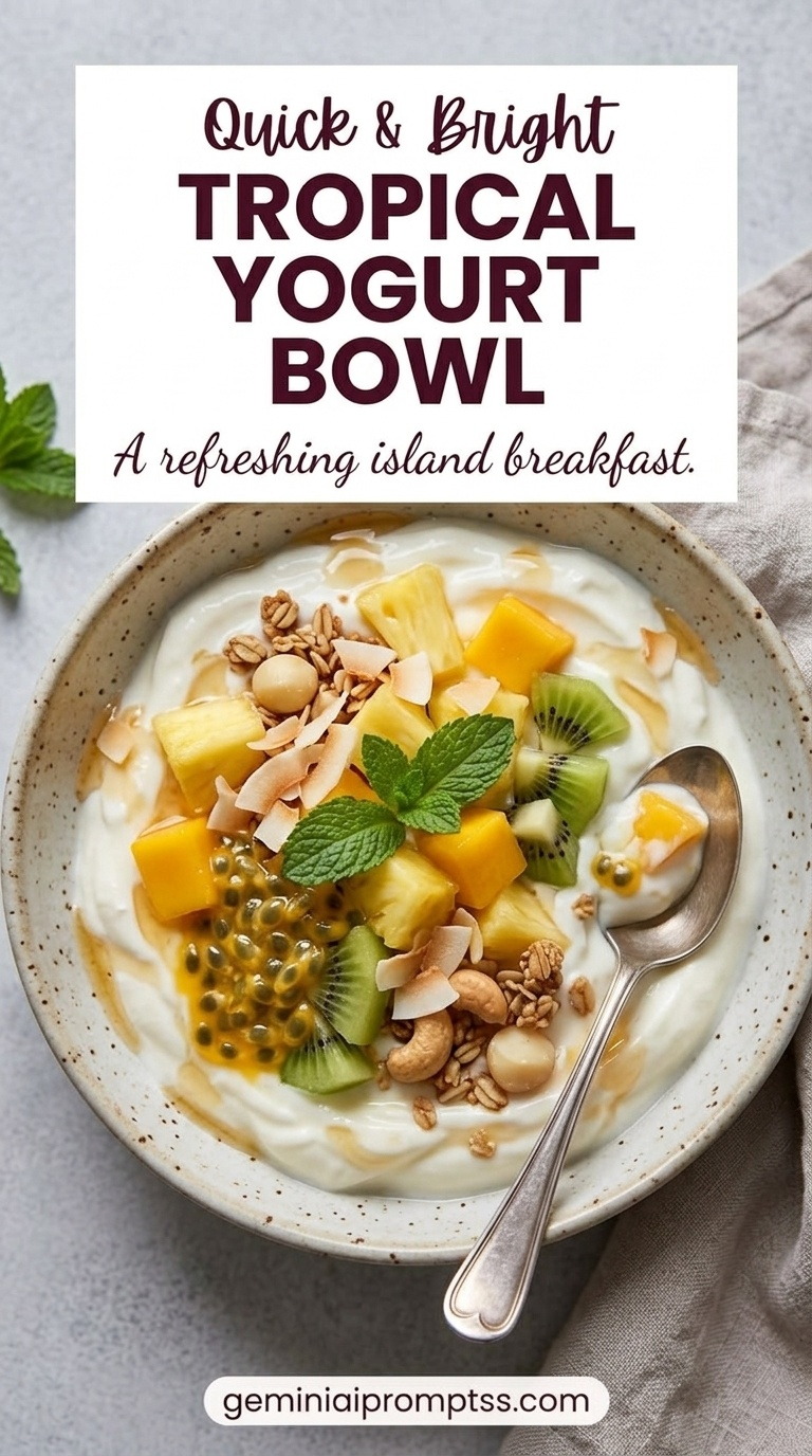 Tropical Yogurt Bowl showing Greek yogurt with mango, pineapple, kiwi, passion fruit, granola, coconut, and almonds
