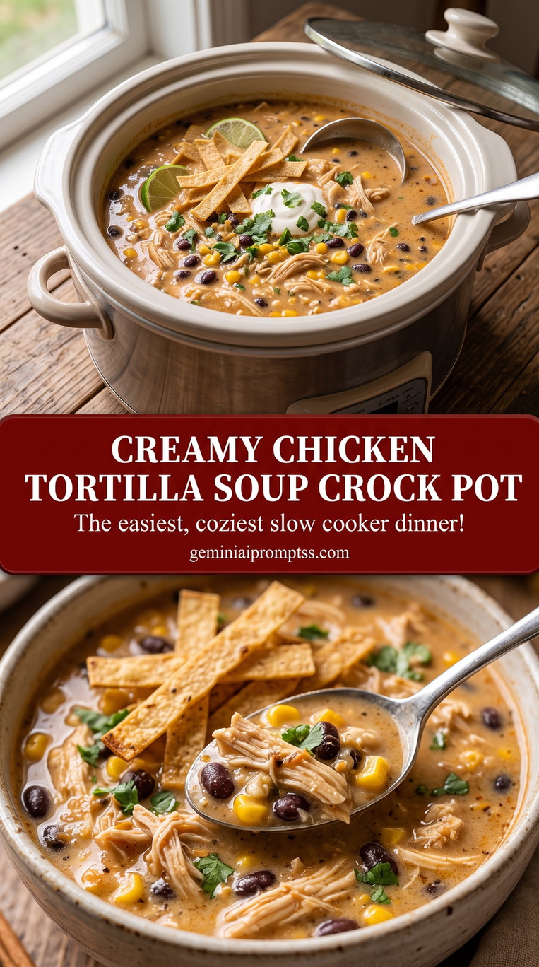 Creamy Chicken Tortilla Soup Crock Pot with red chicken tortilla soup with black beans, corn, crisp tortilla strips, avocado, and fresh green garnish