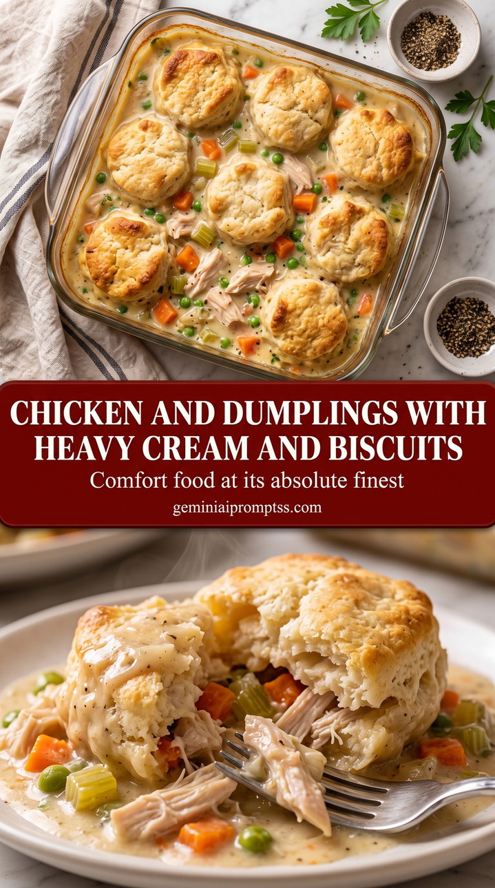 chicken and dumplings with heavy cream and biscuits with a rich chicken and dumplings casserole with shredded chicken, carrots, celery, peas, heavy creamy gravy, and browned biscuits