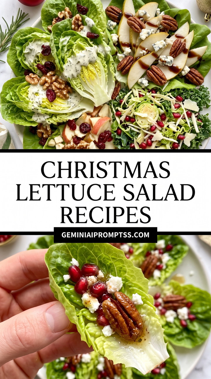 Christmas Lettuce Salad Recipes showing holiday greens with red pomegranate, pale pear or apple slices, pecans and white cheese