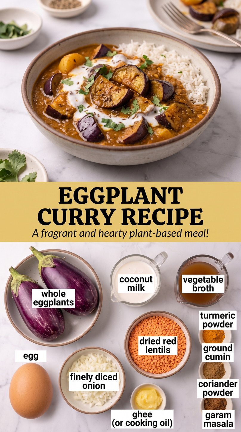 Eggplant Curry Recipe showing eggplant curry with coconut milk, red lentils and warm spices served beside rice