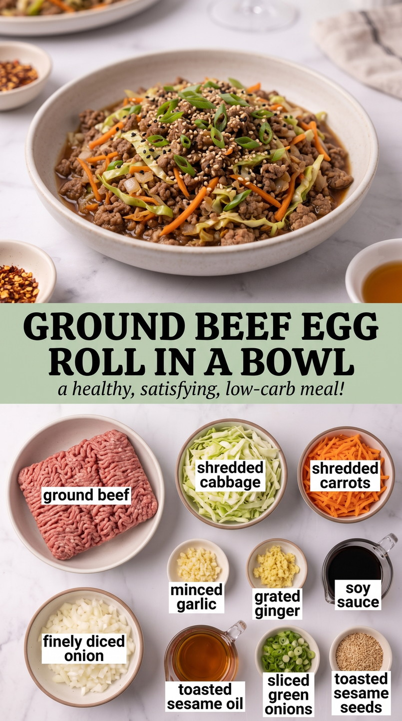 Ground Beef Egg Roll in a Bowl showing lean ground beef with shredded cabbage, carrots, onion, garlic, ginger, scallions, sesame, and a savory sesame-soy coating