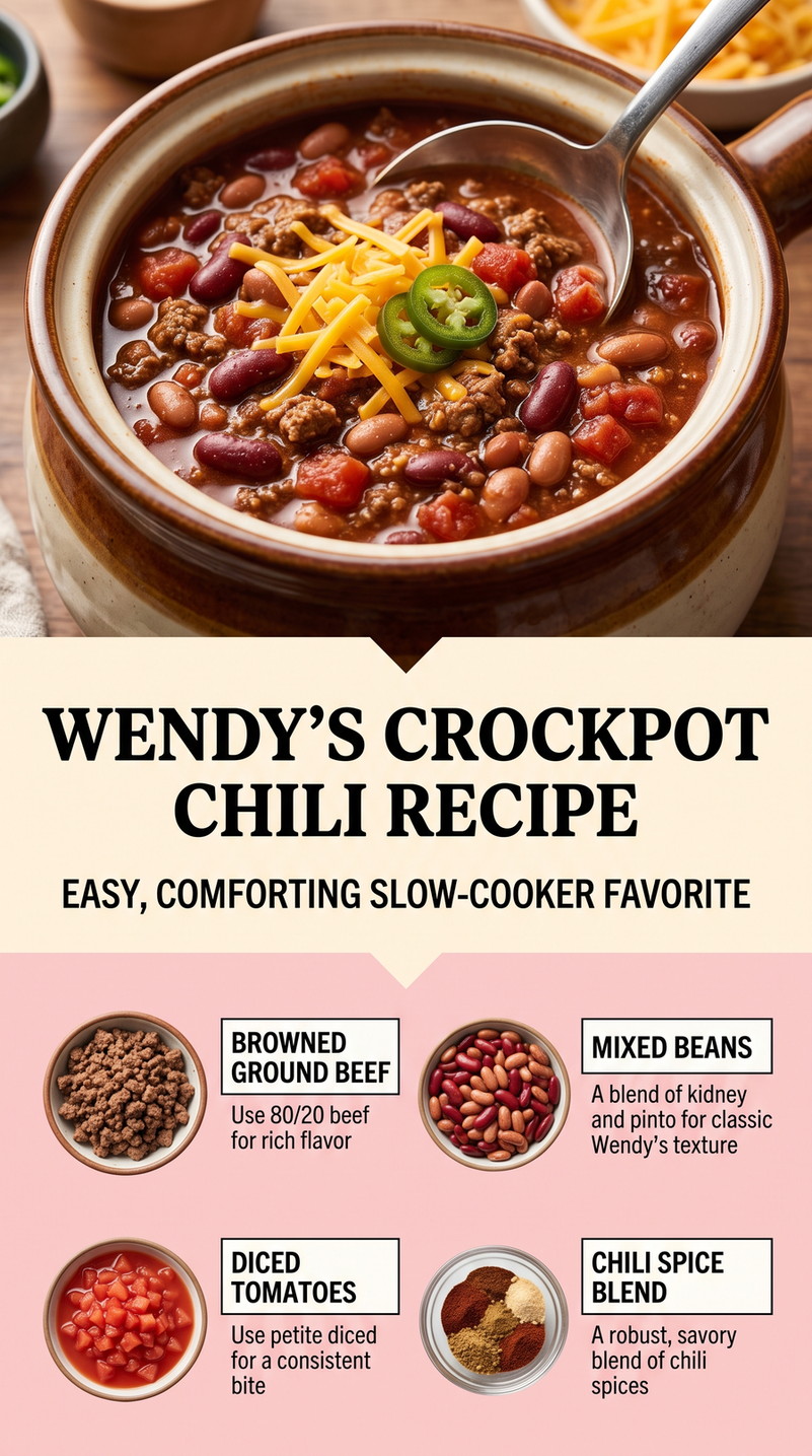 Wendy's Crockpot Chili Recipe with Wendy’s-style chili with browned beef, mixed beans, diced tomatoes, onion, pepper, and chili seasoning