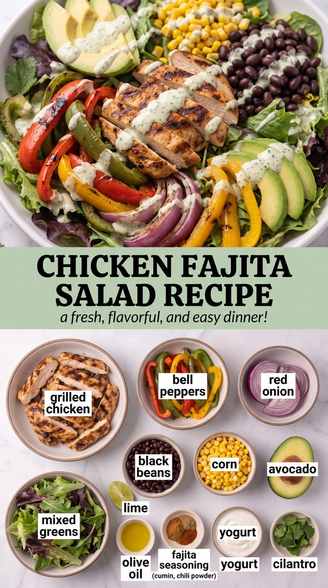 Chicken fajita salad recipe showing a chicken fajita salad with grilled chicken, peppers, beans, corn, and avocado