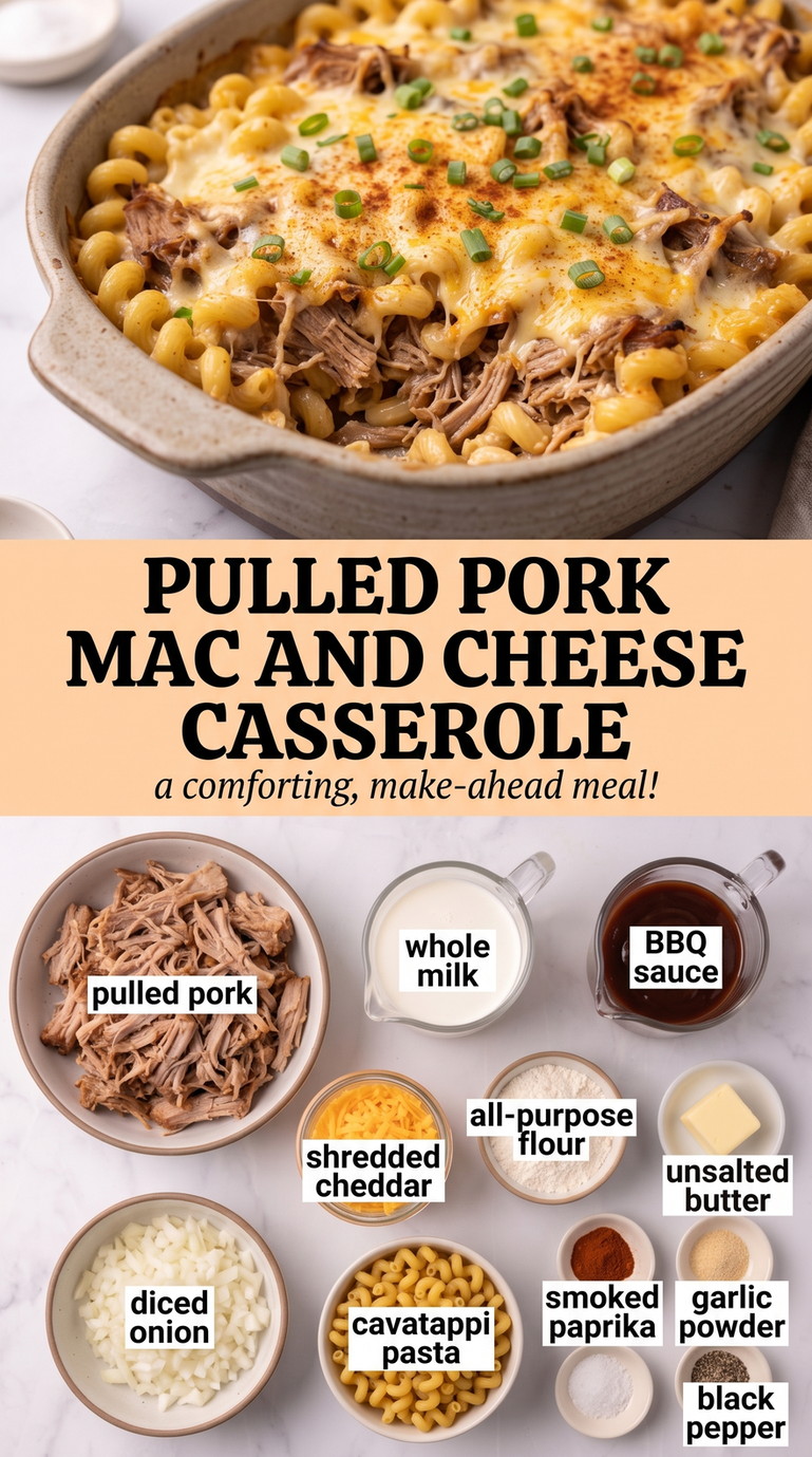Pulled Pork Mac and Cheese Casserole with pulled-pork cavatappi with barbecue sauce, cheddar, onion, and a smoky creamy sauce