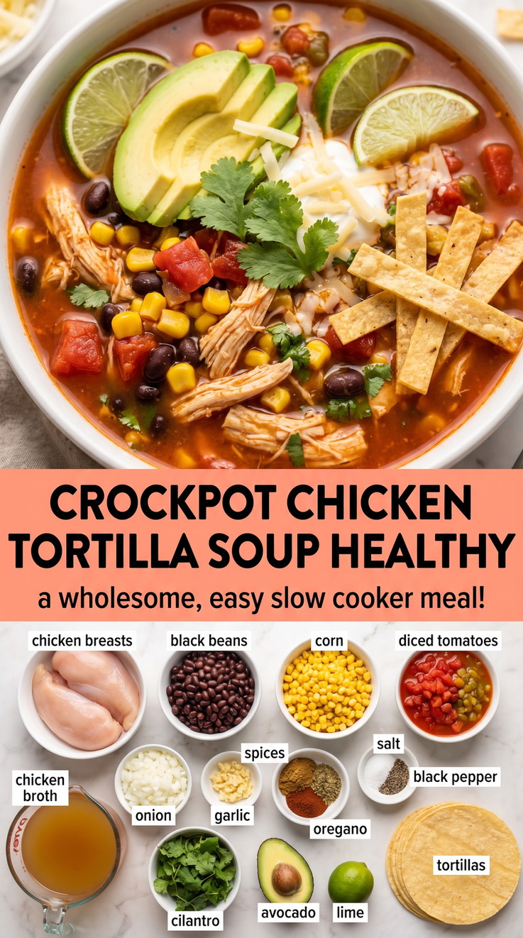 Healthy Crockpot Chicken Tortilla Soup - a hearty bowl with shredded chicken, beans, corn, tortilla strips, and fresh toppings