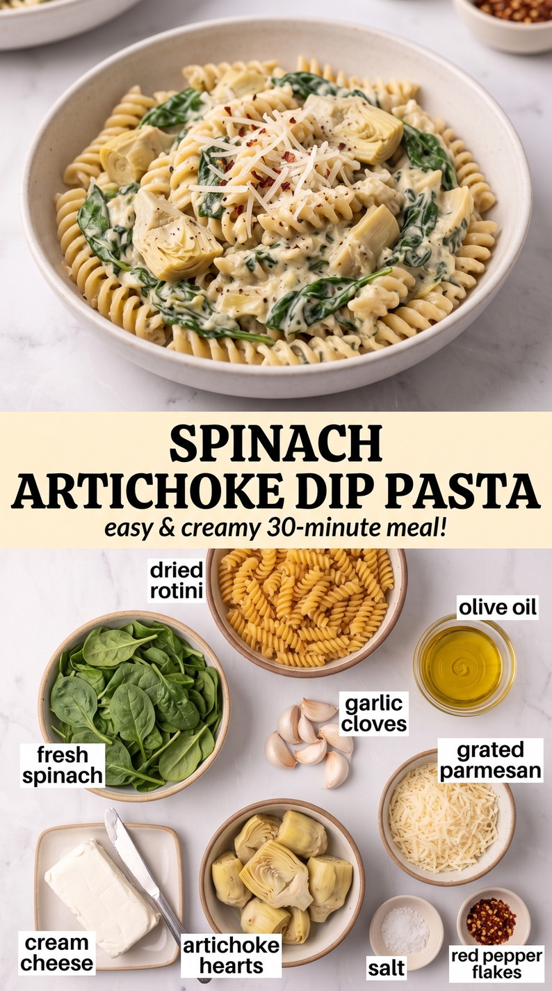 Spinach artichoke dip pasta finished dish made with dried rotini, fresh spinach, and garlic cloves