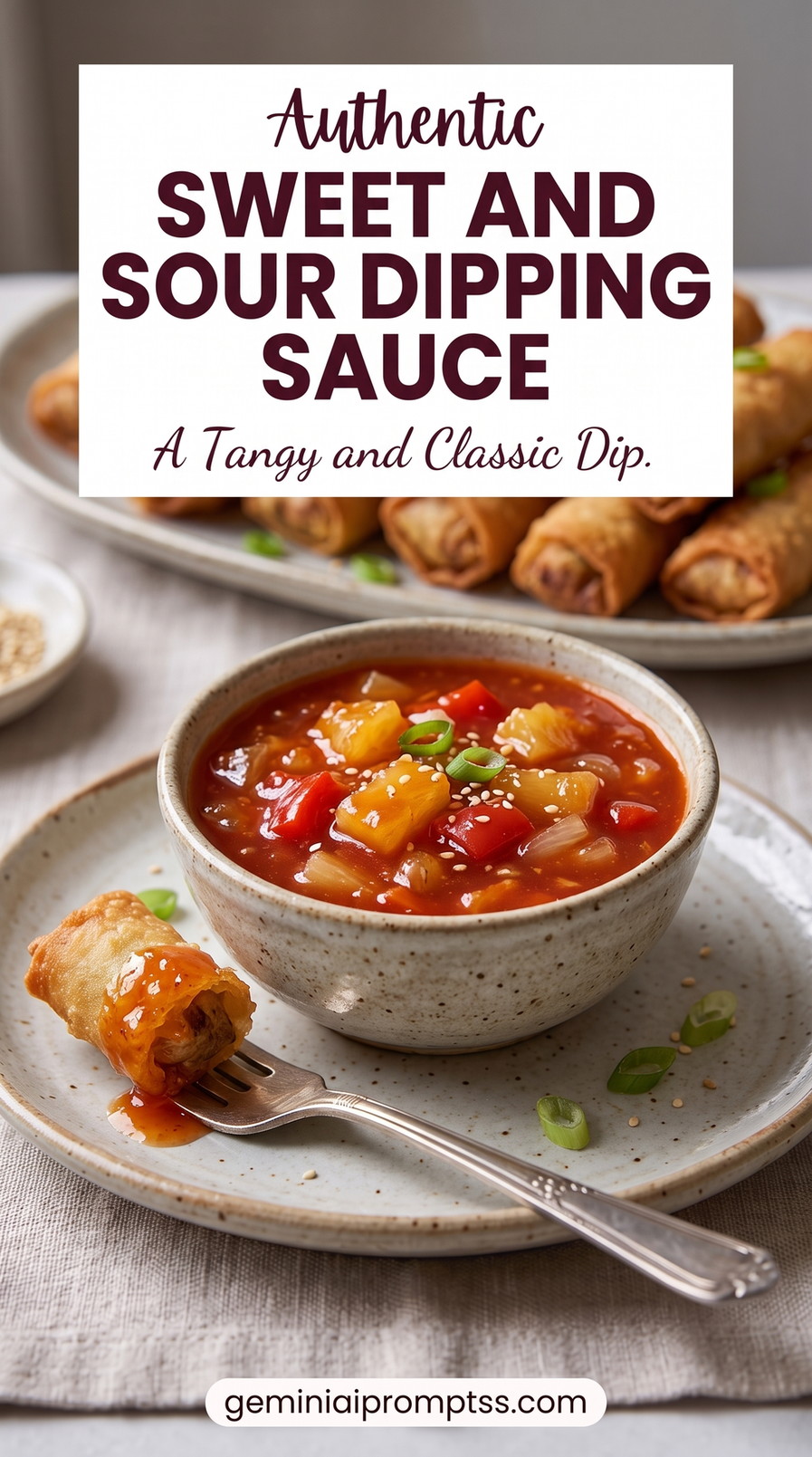 Sweet and sour dipping sauce showing a chunky dipping sauce for spring rolls, wontons, or fried chicken
