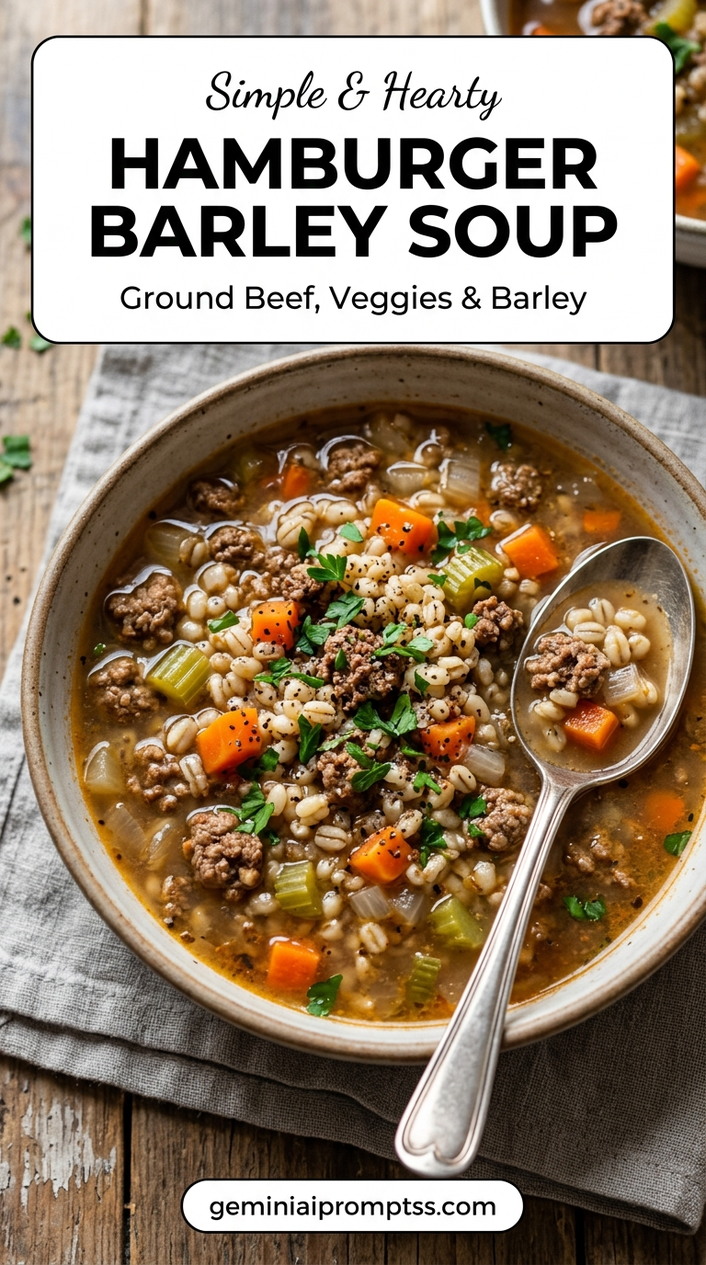 Hamburger Barley Soup showing hamburger barley soup with ground beef, pearl barley, carrots, celery, onions, and parsley