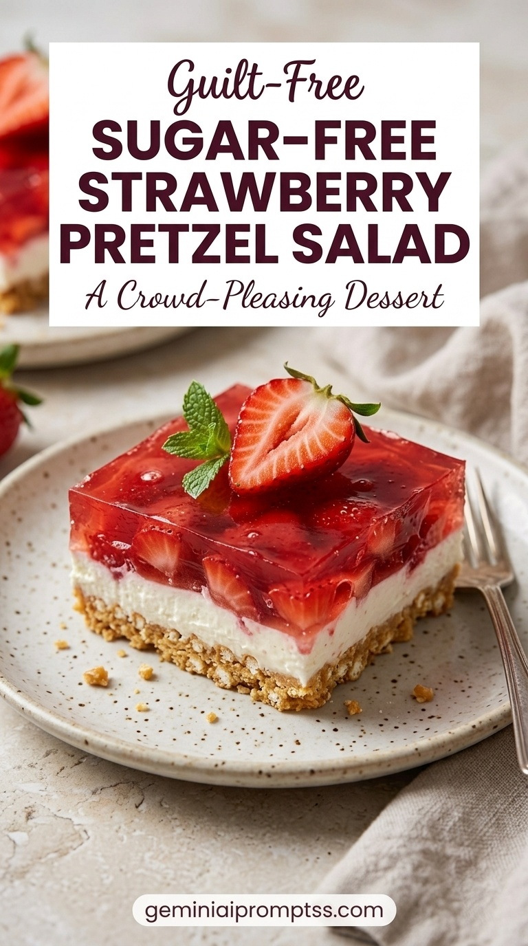 Sugar-free Strawberry Pretzel Salad showing a crisp pretzel crust, thick creamy center, glossy strawberries layer