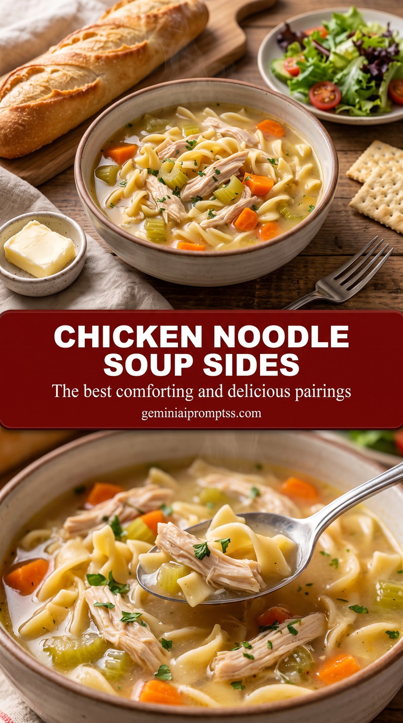 Chicken noodle soup sides showing a comforting chicken noodle soup with tender vegetables and noodles