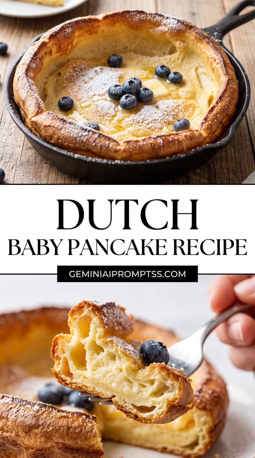 Dutch Baby Pancake Recipe showing deeply puffed cast-iron Dutch baby with browned edges, blueberries, butter in the center, powdered sugar