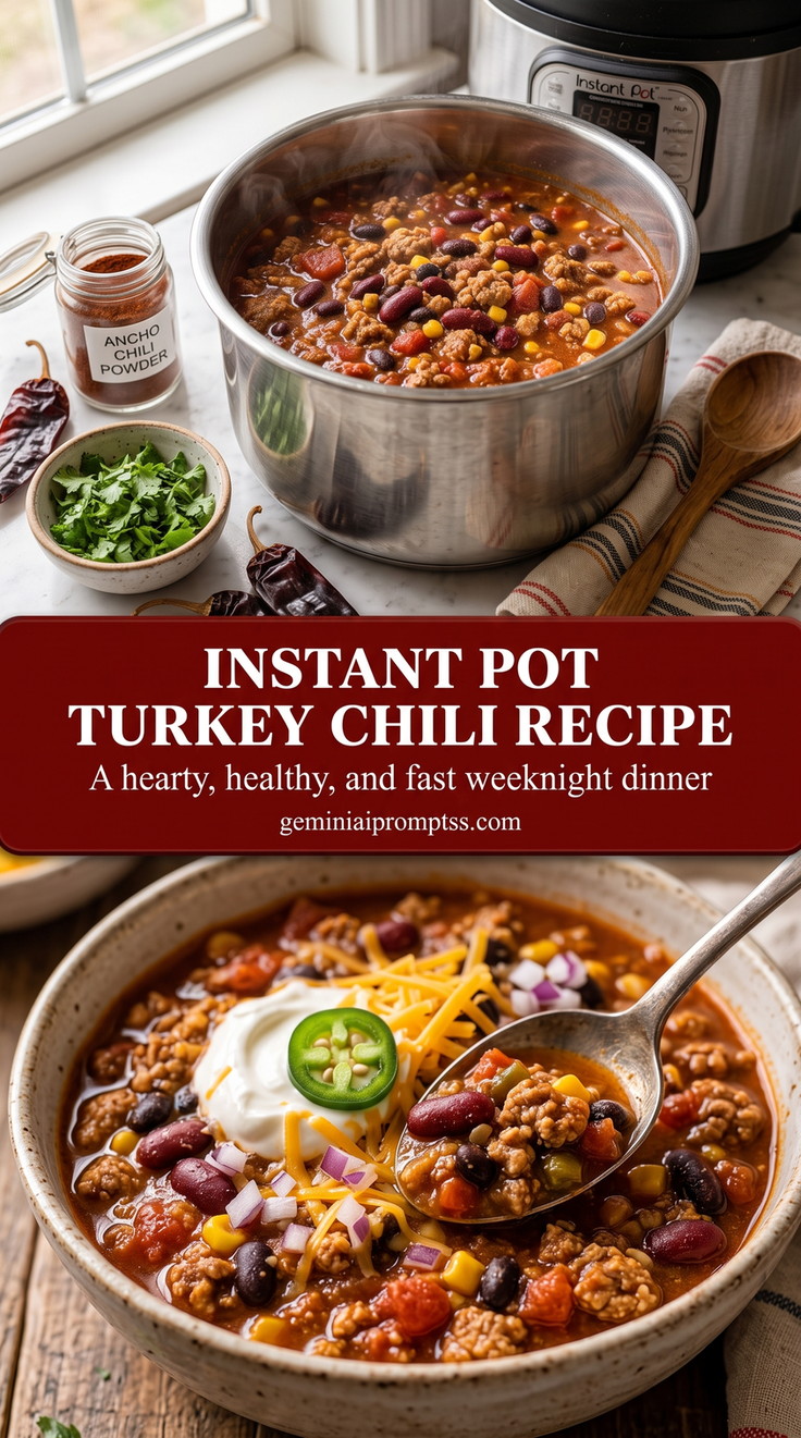 instant pot turkey chili recipe with a turkey chili with beans, tomato, corn, diced peppers, cheddar, a white creamy topping, red onion, jalapeno, and cilantro