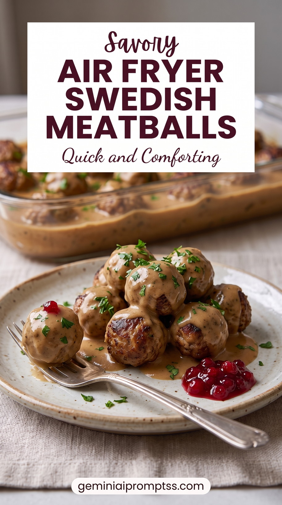 Air fryer Swedish meatballs showing quickly browned meatballs with a juicy center and peppery cream gravy