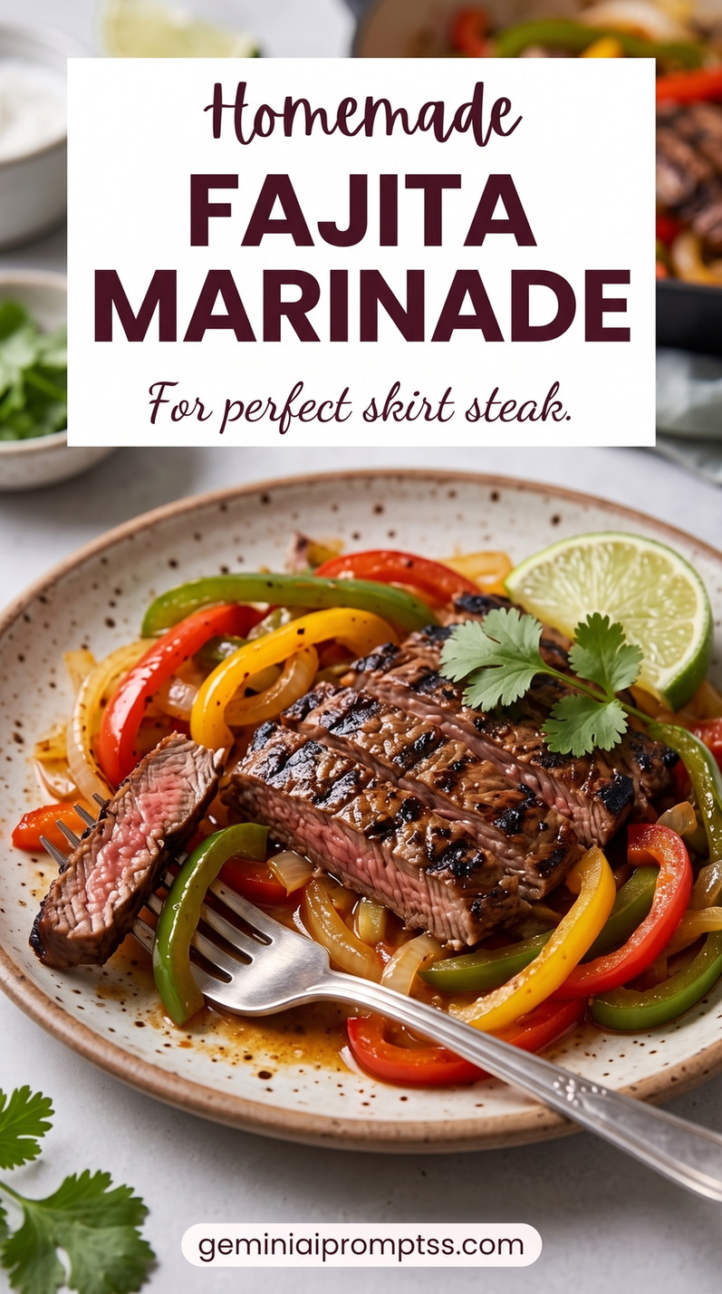 Fajita Marinade Recipe Skirt Steak with sliced skirt steak, colorful bell peppers, onions, lime, and browned fajita-style edges