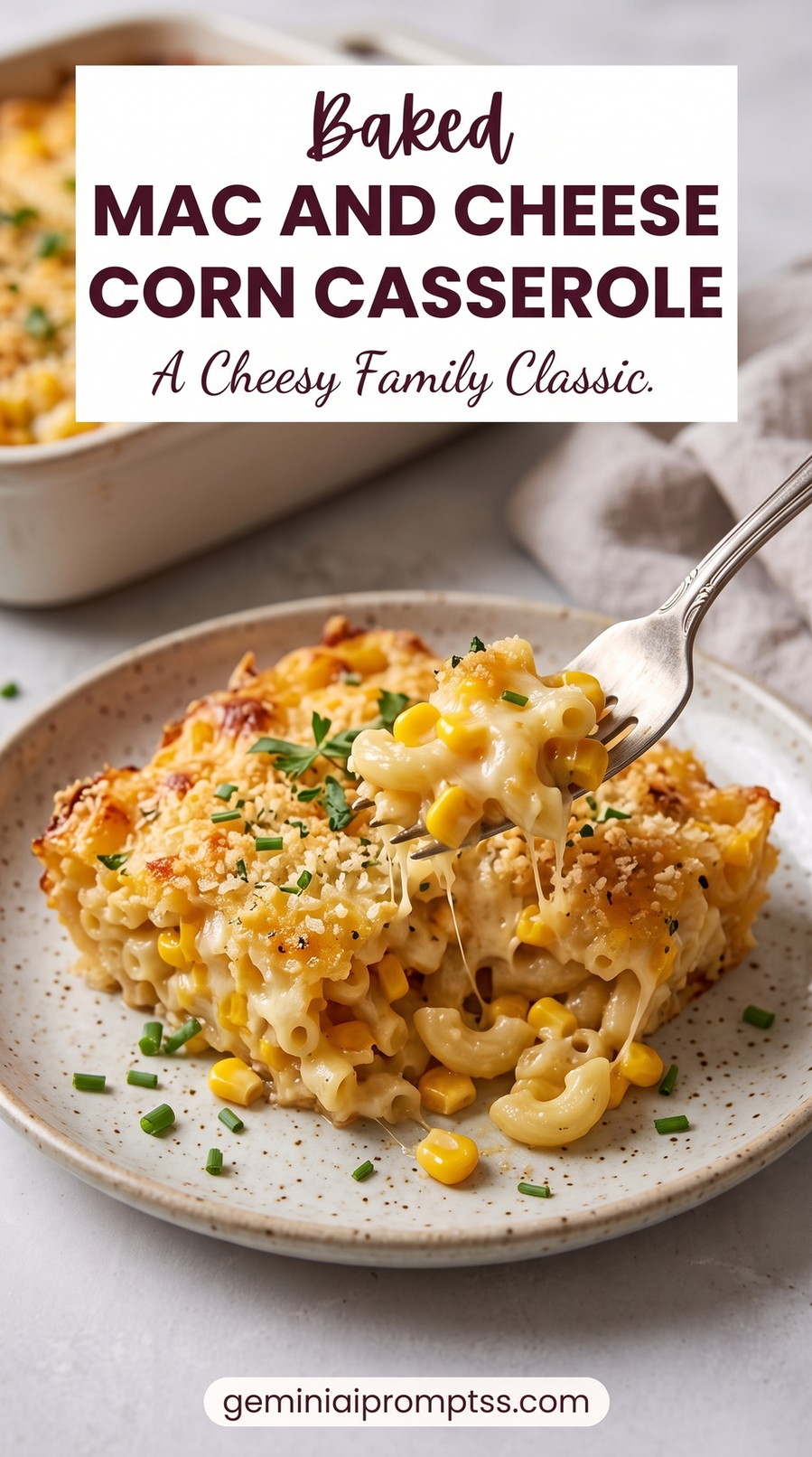 Mac and Cheese Corn Casserole showing creamy elbow macaroni with corn, cheddar, Jack, golden crumbs, paprika, and parsley
