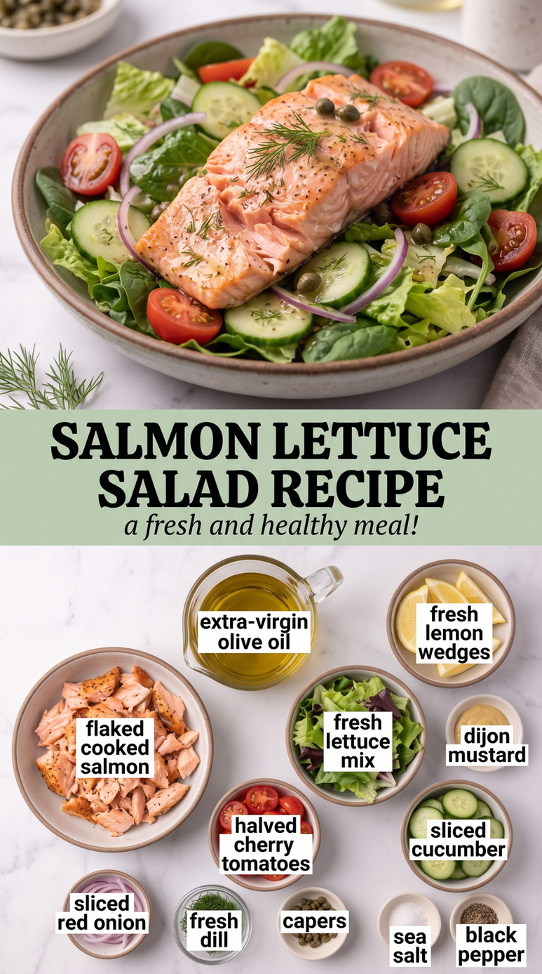 Salmon Lettuce Salad Recipes showing a seared salmon fillet over lettuce with cucumber, tomatoes, red onion, dill and capers
