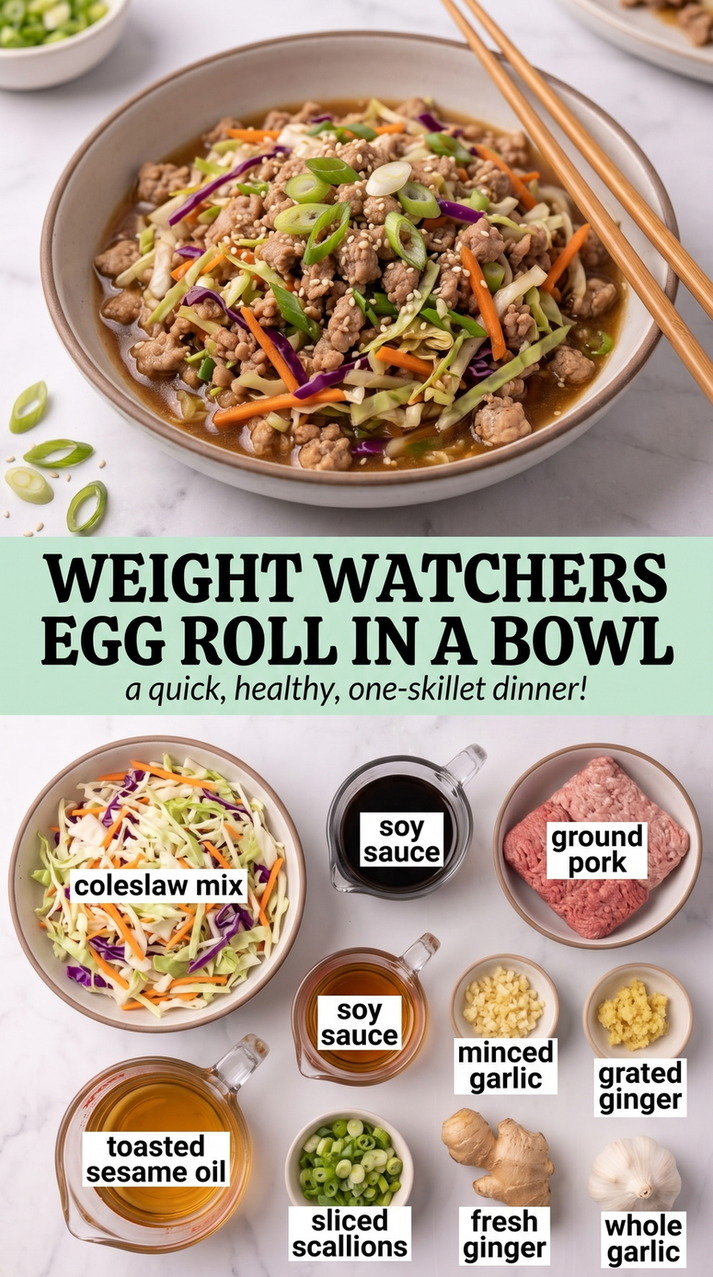 Weight Watchers Egg Roll in a Bowl showing ground pork with shredded cabbage, carrots, onion, garlic, ginger, scallions, sesame, and a savory sesame-soy coating