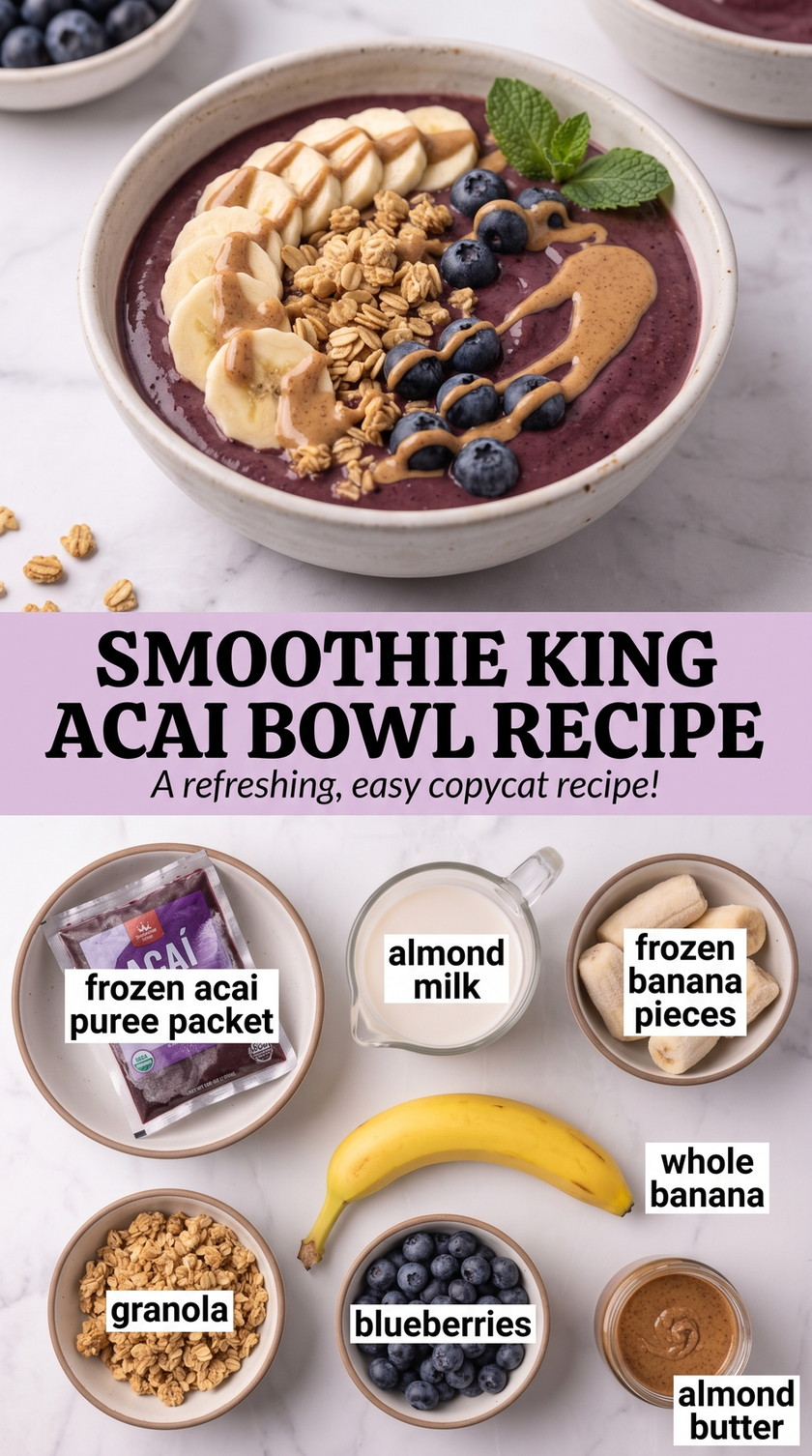 Smoothie King Acai Bowl Recipe with thick purple acai with banana, blueberries, granola, and almond butter