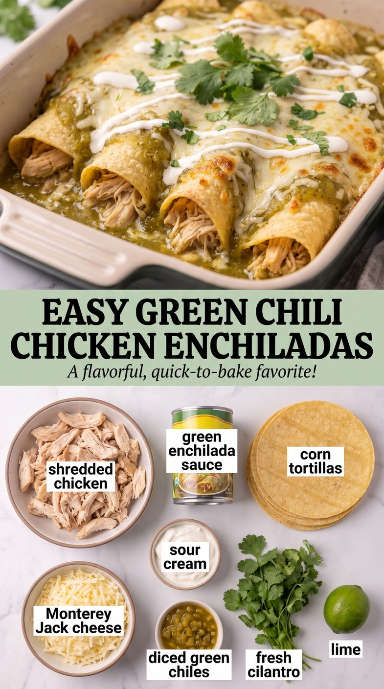 Easy green chili chicken enchiladas showing rolled chicken enchiladas covered with sauce and melted cheese