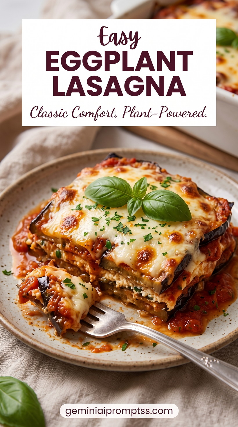 Classic Eggplant Lasagna with Ricotta and Basil showing layered eggplant lasagna with tomato sauce, browned cheese, and basil