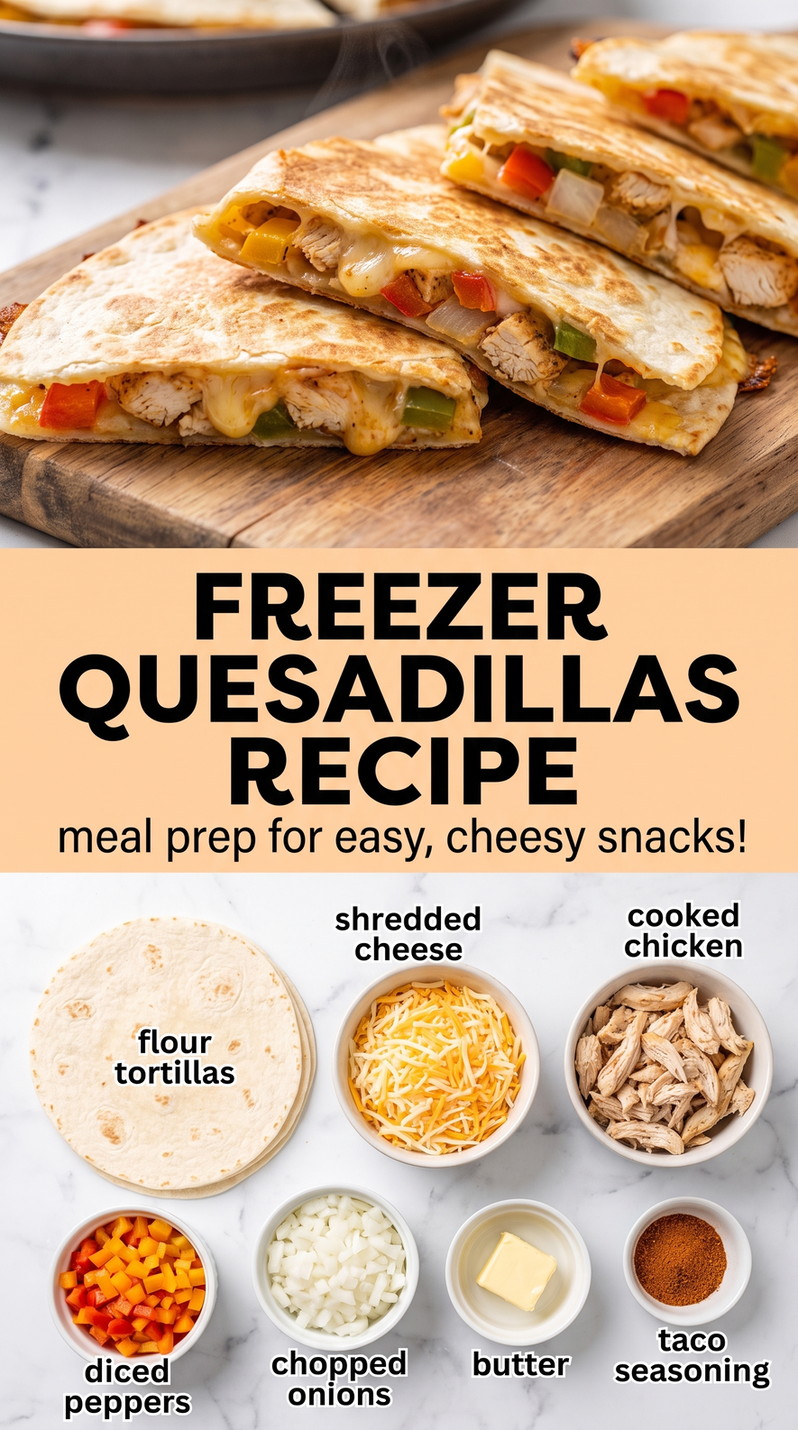 Freezer-Friendly Chicken and Pepper Quesadillas - golden crisp quesadilla wedges with melted cheese and a savory filling
